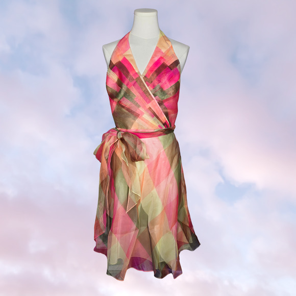 Chetta B Dresses & Skirts - Chetta B Multicolor Geometric 100% Silk Halter Wrap Tie Waist Prom Dress Sz 14
